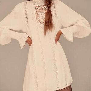 Free People FP One Vienna Mini Dress Ivory Crotchet Lace Smock Flare Cuff-Medium